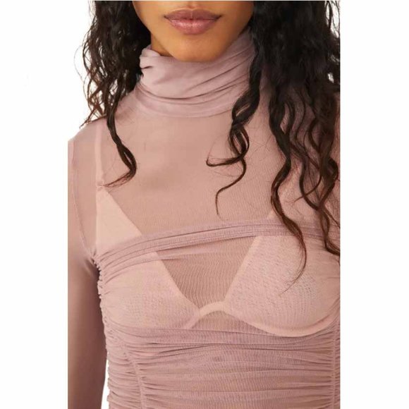 NWT Free People Under It All Ruched Mesh Turtleneck Bodysuit in Blush si… - Picture 2 of 7